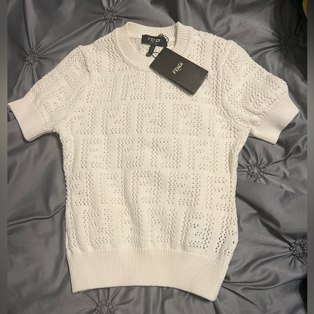FENDI NWT Cotton and Viscose open knit FF logo, round neck, short sleeve.Size 38